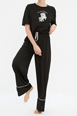 Kadın Polyester Karışımlı Bisiklet Yaka Kısa Kol Pamuklu Baskılı T-shirt-Pantolon Örme Pijama Takımı