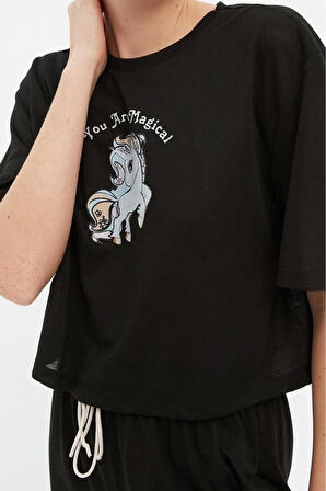 Kadın Polyester Karışımlı Bisiklet Yaka Kısa Kol Pamuklu Baskılı T-shirt-Pantolon Örme Pijama Takımı