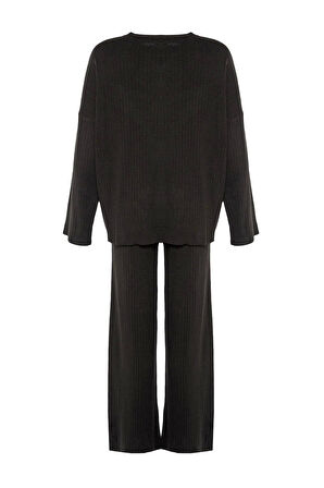 Kadın Moda Şık Boru Paça Regular Boy Uzun Kollu Basic Bisiklet Yaka Triko Alt-Üst Takım