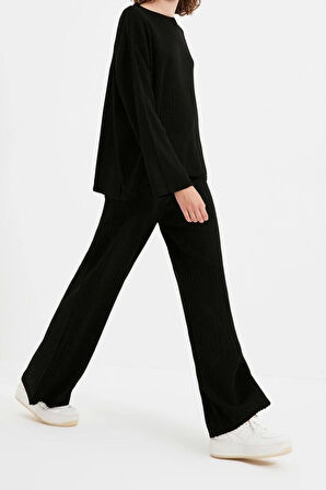 Kadın Moda Şık Boru Paça Regular Boy Uzun Kollu Basic Bisiklet Yaka Triko Alt-Üst Takım