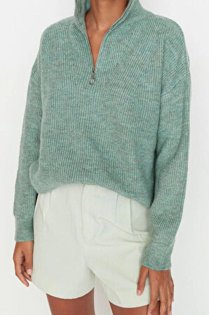 Kadın Moda Şık Regular Dik Yaka Uzun Kol Düz Couple Yumuşak Dokulu Fermuarlı Triko Kazak