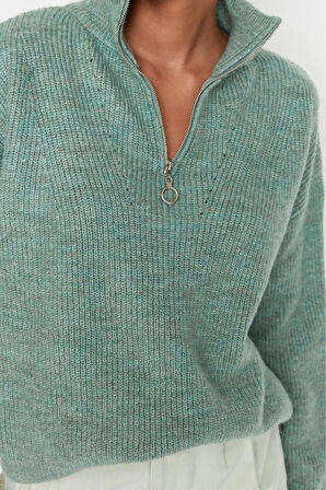 Kadın Moda Şık Regular Dik Yaka Uzun Kol Düz Couple Yumuşak Dokulu Fermuarlı Triko Kazak