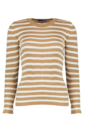 Kadın Moda Şık Regular Bisiklet Yaka Uzun Kol Çizgili Basic Triko Kazak