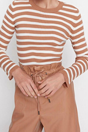 Kadın Moda Şık Regular Bisiklet Yaka Uzun Kol Çizgili Basic Triko Kazak