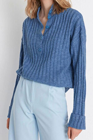 Kadın Moda Şık Regular Dik Yaka Uzun Kol Düz Geniş Kalıp Yumuşak Dokulu Dik Yaka Triko Kazak