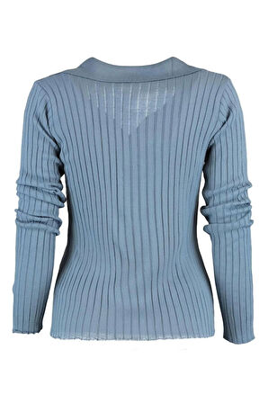 Kadın Moda Şık Regular Polo Yaka Uzun Kol Düz Kol Ucu Detaylı Polo Yaka Triko Kazak