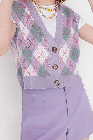 Kadın Moda Şık Crop V Yaka Kolsuz Baklava Crop Triko Yelek