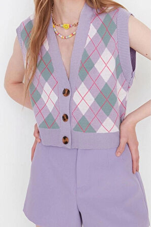 Kadın Moda Şık Crop V Yaka Kolsuz Baklava Crop Triko Yelek