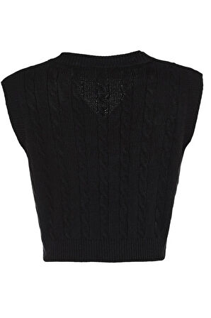 Kadın Moda Şık Crop V Yaka Kolsuz Saç Örgü Crop Triko Süveter