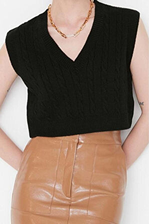 Kadın Moda Şık Crop V Yaka Kolsuz Saç Örgü Crop Triko Süveter