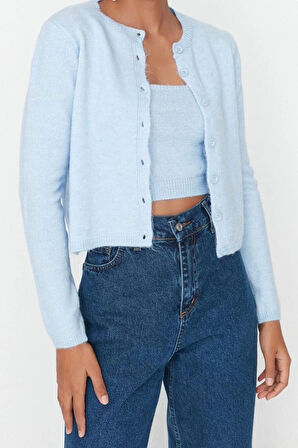 Kadın Moda Şık Crop Bisiklet Yaka Slim Crop Yumuşak Dokulu Bluz-Hırka Triko Takım