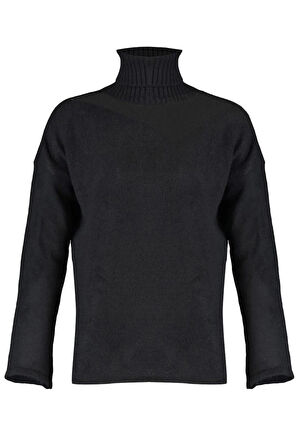 Kadın Moda Şık Regular Balıkçı Yaka Uzun Kol Düz Yumuşak Dokulu Tül Detaylı Triko Kazak