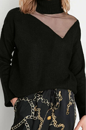 Kadın Moda Şık Regular Balıkçı Yaka Uzun Kol Düz Yumuşak Dokulu Tül Detaylı Triko Kazak