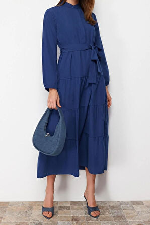 Yeni Rahat Casual Günlük Terrycotton Dokuma Dik Yaka Uzun Kol Basic Maxi Boy Tesettür Elbise