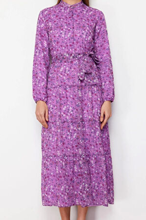 Yeni Rahat Casual Günlük Şifon Dokuma Dik Yaka Uzun Kol Basic Maxi Boy Tesettür Elbise