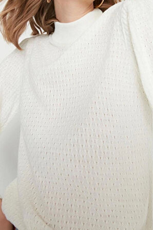 Kadın Moda Şık Regular Dik Yaka Uzun Kol Dokulu Dik Yaka Triko Kazak