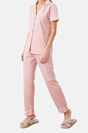 Kadın Gömlek Yaka Kısa Kol Pamuklu Çizgili Biye Detaylı Uyku Bantlı Örme Pijama Takımı