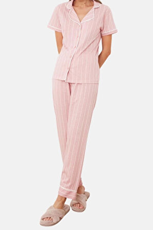 Kadın Gömlek Yaka Kısa Kol Pamuklu Çizgili Biye Detaylı Uyku Bantlı Örme Pijama Takımı