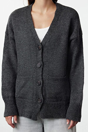 Kadın Moda Şık Regular V Yaka Uzun Kol Düz Basic Yumuşak Dokulu Triko Hırka