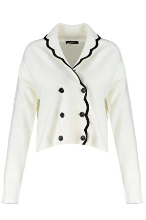 Kadın Moda Şık Regular Kruvaze Uzun Kol Renk Bloklu Limited Edition Kruvaze Yaka Triko Hırka