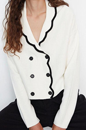 Kadın Moda Şık Regular Kruvaze Uzun Kol Renk Bloklu Limited Edition Kruvaze Yaka Triko Hırka