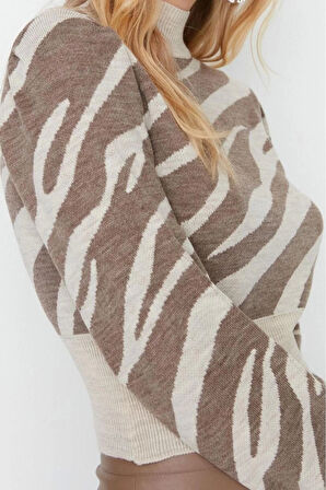 Kadın Moda Şık Crop Dik Yaka Uzun Kol Zebra Zebra Desenli Crop Triko Kazak