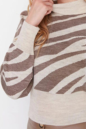 Kadın Moda Şık Crop Dik Yaka Uzun Kol Zebra Zebra Desenli Crop Triko Kazak
