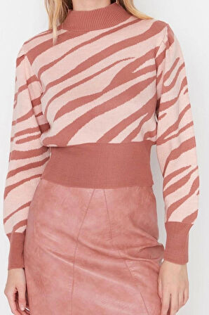 Kadın Moda Şık Crop Dik Yaka Uzun Kol Zebra Zebra Desenli Crop Triko Kazak