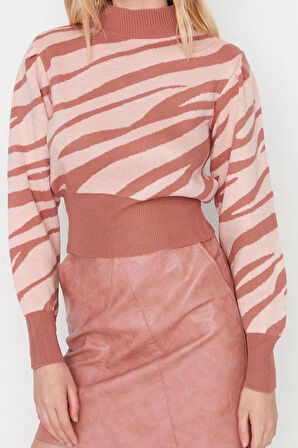 Kadın Moda Şık Crop Dik Yaka Uzun Kol Zebra Zebra Desenli Crop Triko Kazak