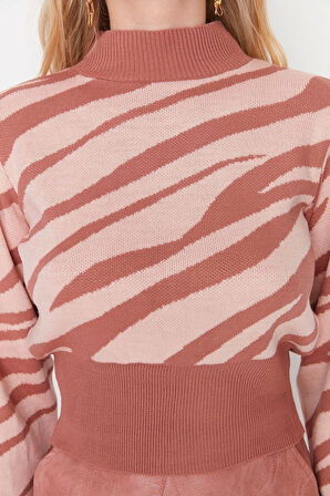 Kadın Moda Şık Crop Dik Yaka Uzun Kol Zebra Zebra Desenli Crop Triko Kazak