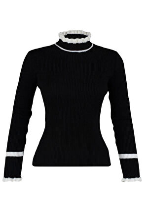 Kadın Moda Şık Regular Dik Yaka Uzun Kol Renk Bloklu Triko Kazak