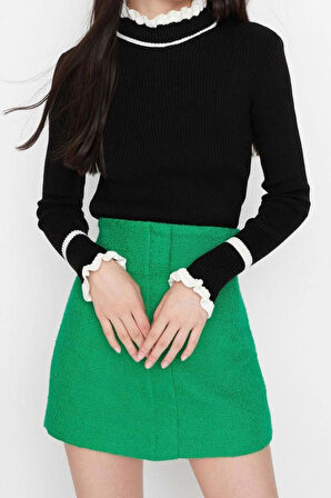 Kadın Moda Şık Regular Dik Yaka Uzun Kol Renk Bloklu Triko Kazak