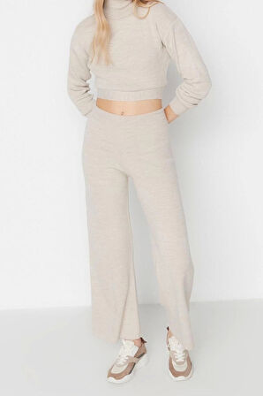 Kadın Moda Şık Geniş Paça Crop Boy Uzun Kollu Bağlama Detaylı Crop Triko Alt-Üst Takım