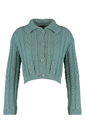 Kadın Moda Şık Crop Polo Yaka Uzun Kol Saç Örgü Crop Polo Yaka Triko Hırka