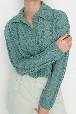 Kadın Moda Şık Crop Polo Yaka Uzun Kol Saç Örgü Crop Polo Yaka Triko Hırka