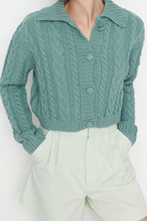 Kadın Moda Şık Crop Polo Yaka Uzun Kol Saç Örgü Crop Polo Yaka Triko Hırka