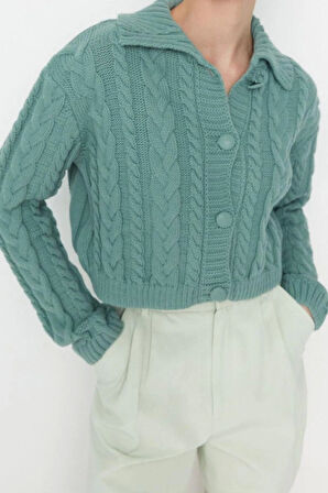 Kadın Moda Şık Crop Polo Yaka Uzun Kol Saç Örgü Crop Polo Yaka Triko Hırka