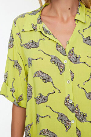 Kadın Moda Şık Geniş Paça Regular Boy Uzun Kollu Leopar Desenli Dokuma Gömlek Şort Takım
