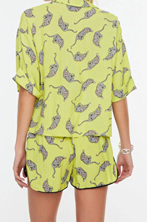 Kadın Moda Şık Geniş Paça Regular Boy Uzun Kollu Leopar Desenli Dokuma Gömlek Şort Takım