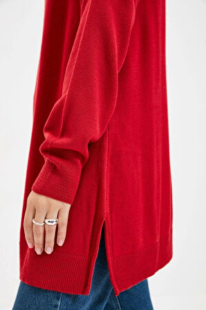 Kadın Tesettür Moda Şık Midi Bisiklet Yaka Uzun Kol Düz i Triko Kazak