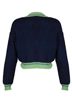 Kadın Moda Şık Crop V Yaka Uzun Kol Renk Bloklu Crop Kolej Temalı Triko Kazak