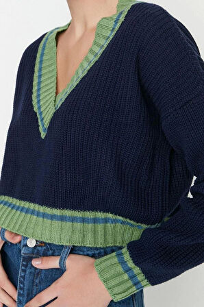 Kadın Moda Şık Crop V Yaka Uzun Kol Renk Bloklu Crop Kolej Temalı Triko Kazak