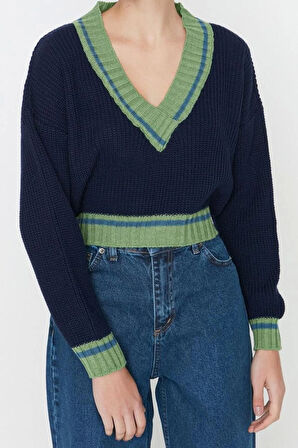 Kadın Moda Şık Crop V Yaka Uzun Kol Renk Bloklu Crop Kolej Temalı Triko Kazak