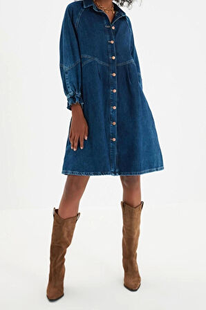 Yeni Regular Casual Günlük Twill Denim Gömlek Yaka Uzun Kol A-Line Mini Boy Elbise