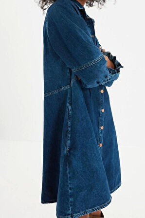 Yeni Regular Casual Günlük Twill Denim Gömlek Yaka Uzun Kol A-Line Mini Boy Elbise
