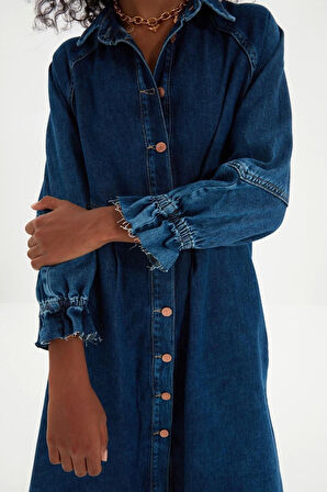 Yeni Regular Casual Günlük Twill Denim Gömlek Yaka Uzun Kol A-Line Mini Boy Elbise