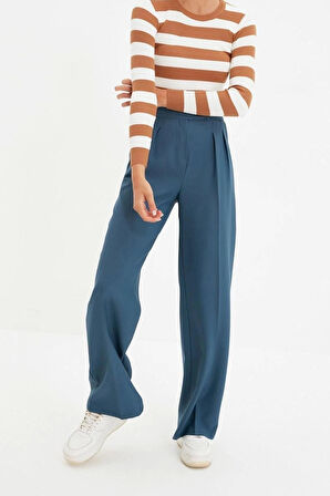 Kadın Yeni Moda Boru Paça Regular Boy Dokuma Wide Leg Geniş Paça Yüksek Bel Pantolon