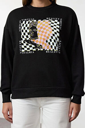 Kadın Moda Şık Bol Bisiklet Yaka Düşük Kol Uzun İnce Baskılı Normal Kesim Örme Sweatshirt