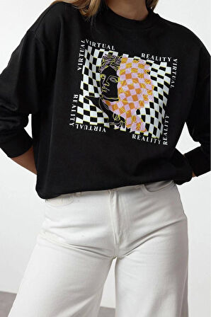 Kadın Moda Şık Bol Bisiklet Yaka Düşük Kol Uzun İnce Baskılı Normal Kesim Örme Sweatshirt