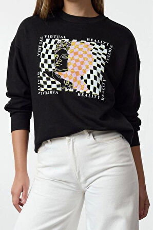 Kadın Moda Şık Bol Bisiklet Yaka Düşük Kol Uzun İnce Baskılı Normal Kesim Örme Sweatshirt